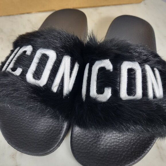 NWB~$825~DSQUARED2~8/8.5~ICON BLACK WHITE GENUINE RABBIT FUR SANDALS SLIDES - Picture 13 of 16
